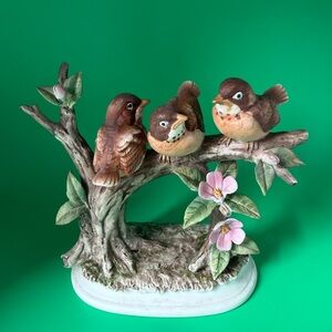 Vintage Lefton Japan Rolin KW215 Bird Figurine Trio on Branch flawed read